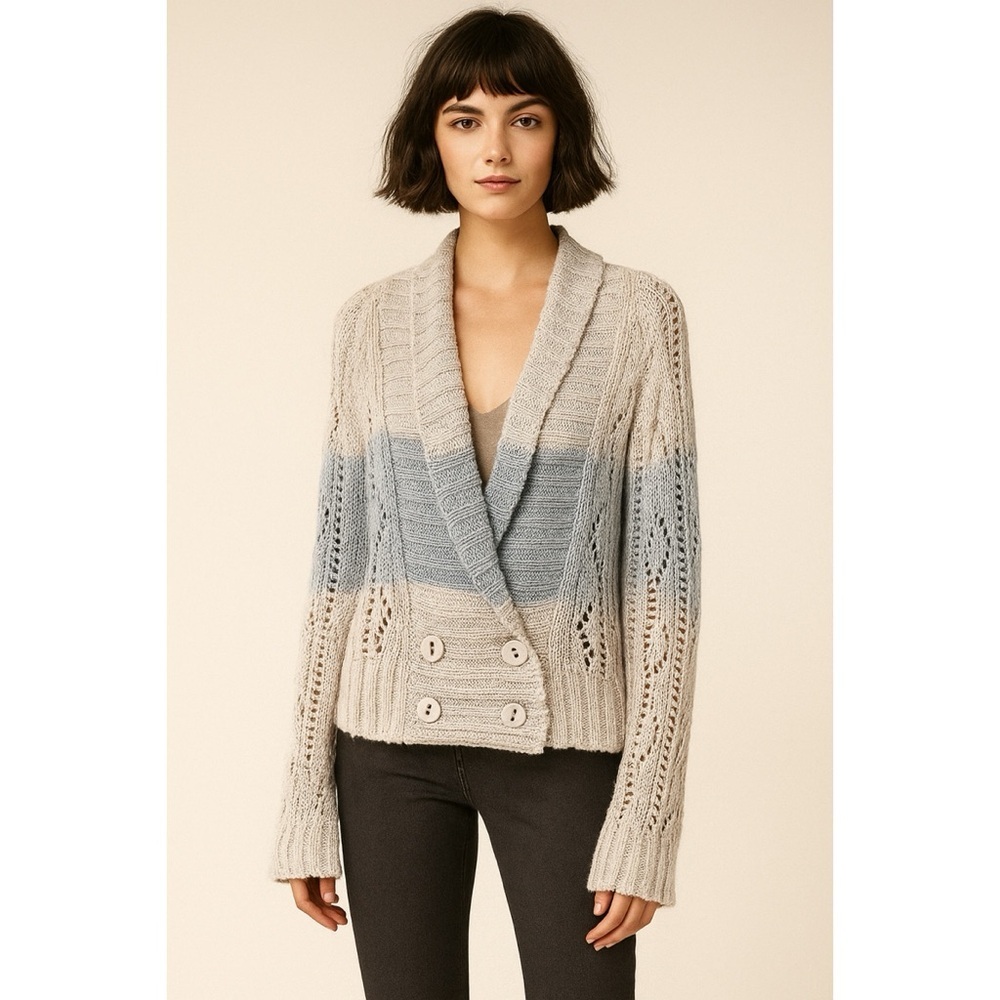 MaxMara Weekend Cotton Flax Colorblock Striped Cable Knit Sweater Cardigan Large
